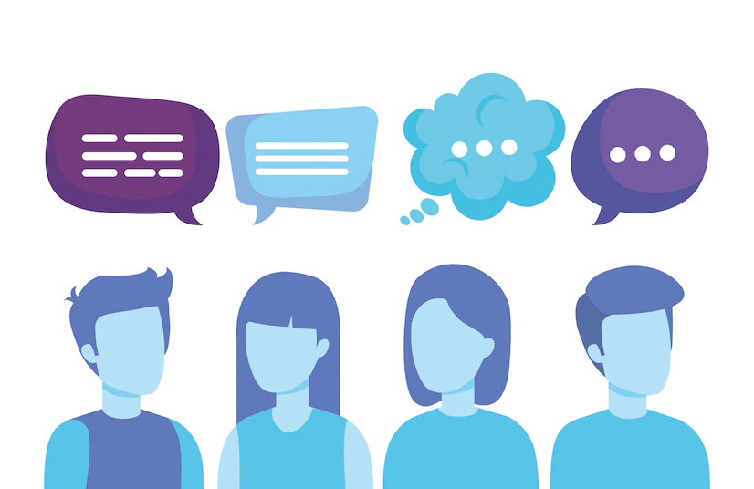 An illustration of four people with speech bubbles above their heads. Use 2 way SMS to have 1-1 conversations with your customers.