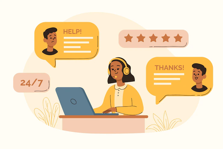 An illustration of great customer service that represents an exchange between customers and stuff. Use transactional SMS to improve customer experience.