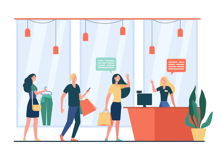 Illustration of people shopping in-store and waiting in queue to check out.