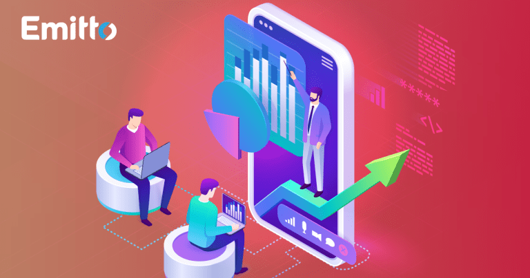 Isometric illustration of people listening another person presenting graphs on a big screen