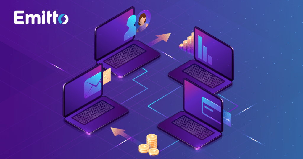 Isometric illustration of laptops connected to each other via network