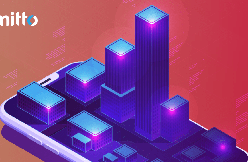 isometric illustration showing phone laid down with buildings coming out of it