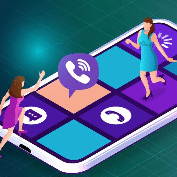 isometric illustration of people on the phone with viber logo icon